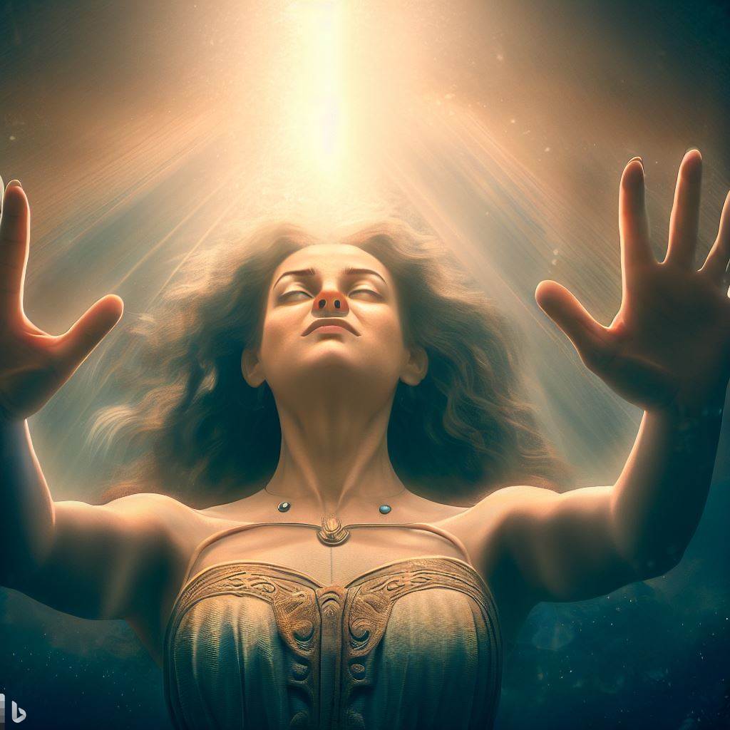 une femme canalise l'énergie venant du ciel, les mains ouvertes