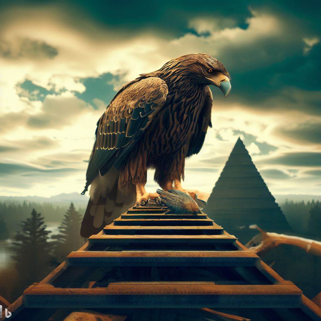l'aigle posé devant la foret et les pyramides