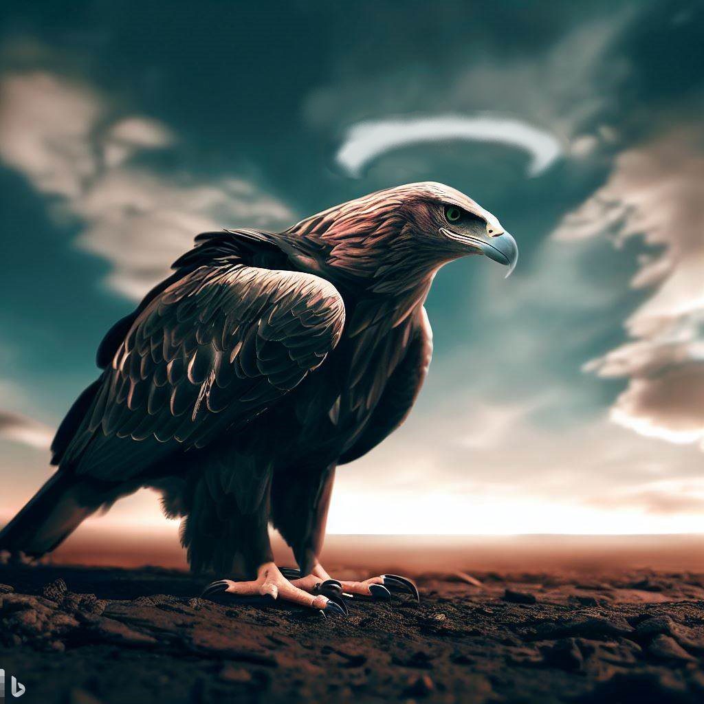 image d'un aigle avec auréole, posé au sol et dans le ciel