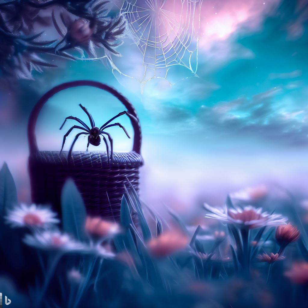 une araignée au dessus d'un panier sous fond champ de fleur et ciel boréal