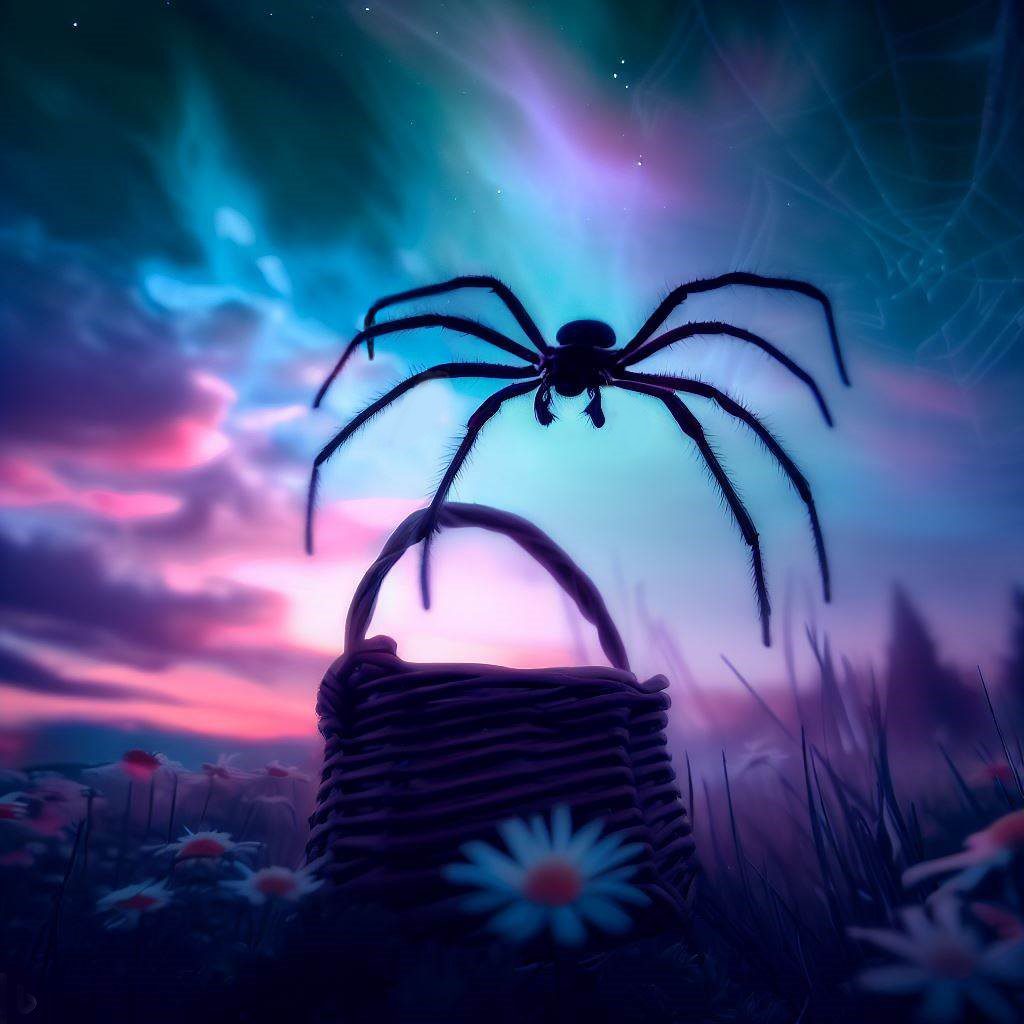 une araignée au dessus d'un panier sous fond champ de fleur et ciel boréal
