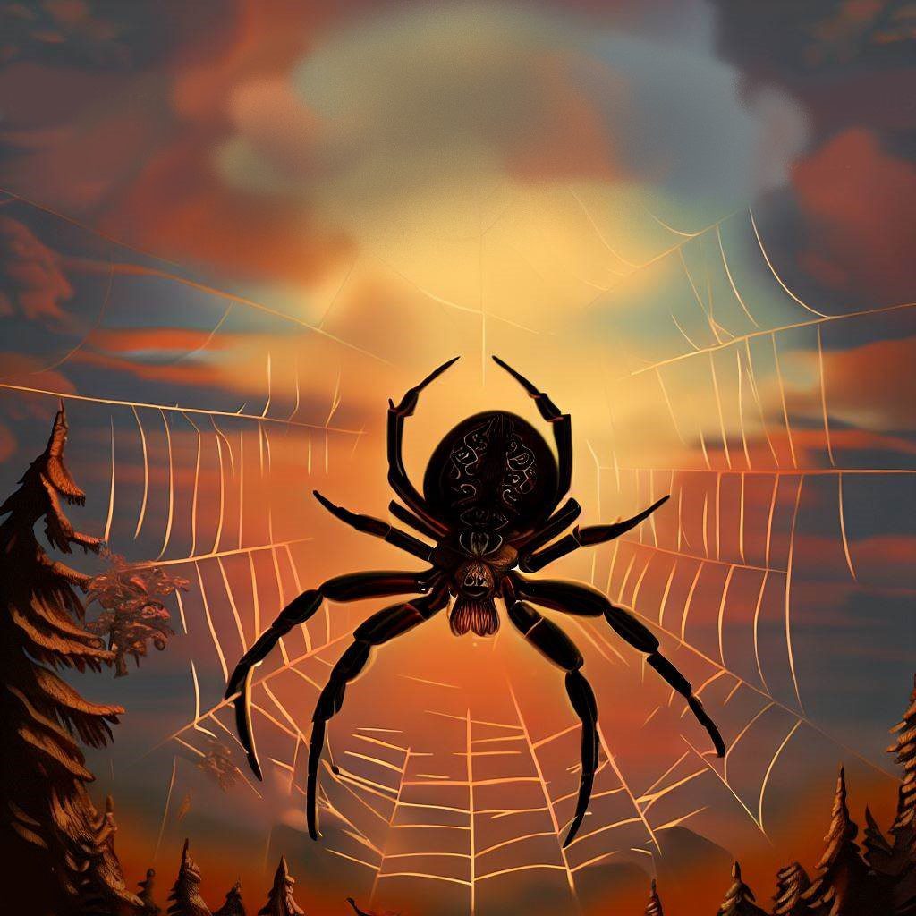 une araignée sur toile devant un fond orangé