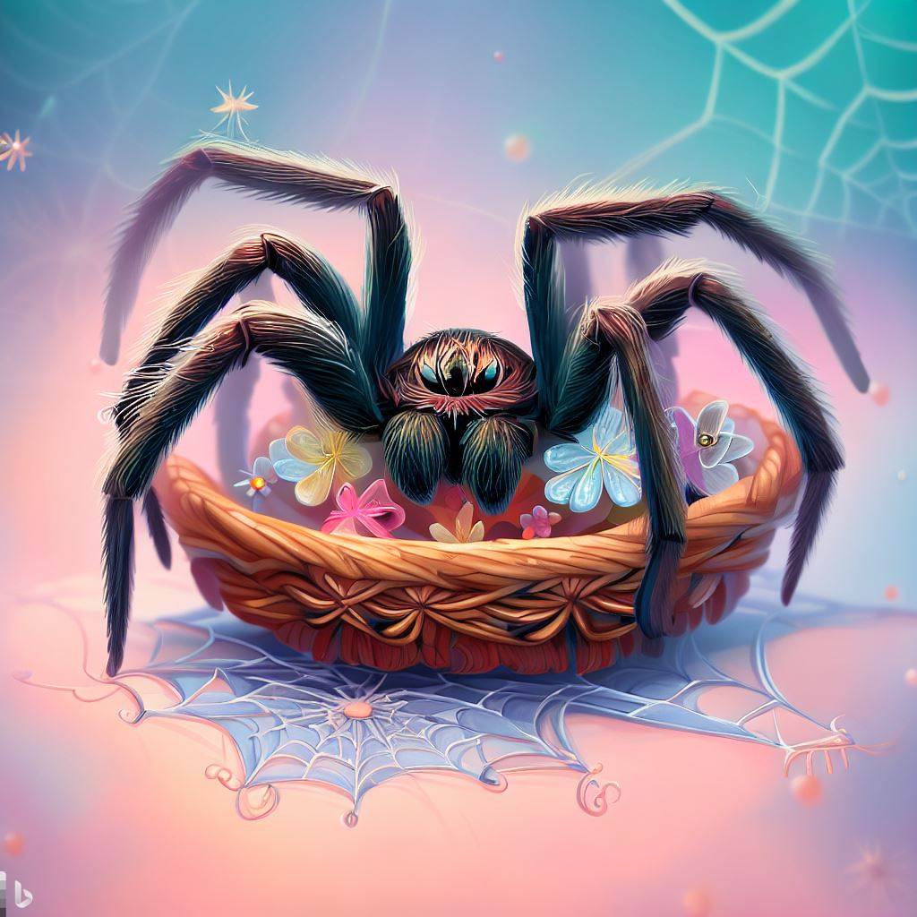 illustration une énorme araignée posé sur un petit panier
