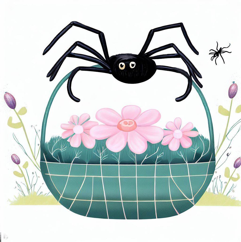illustration une grosse araignée noir sur un panier de fleurs