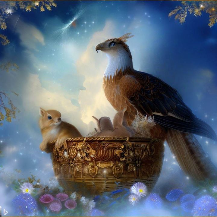 image animaux total ciel bleu et floral, panier aigle et écureuil