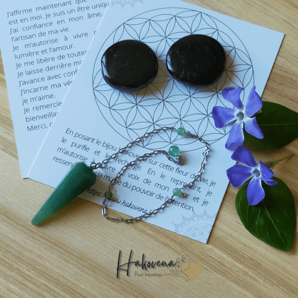 Coffret Pendule divinatoire en aventurine - Léa + tourmaline noire par Hakovena