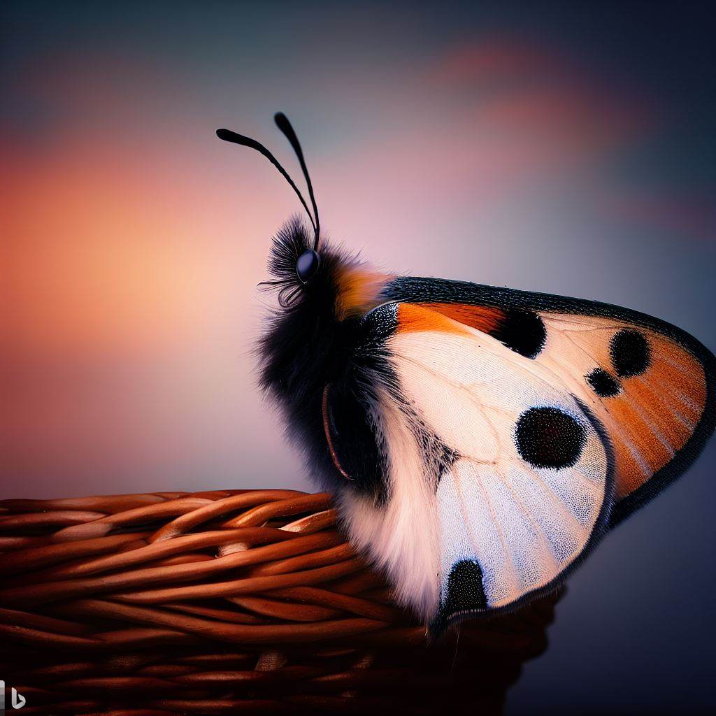papillon blanc noir rouge posé sur le bord d'un panier