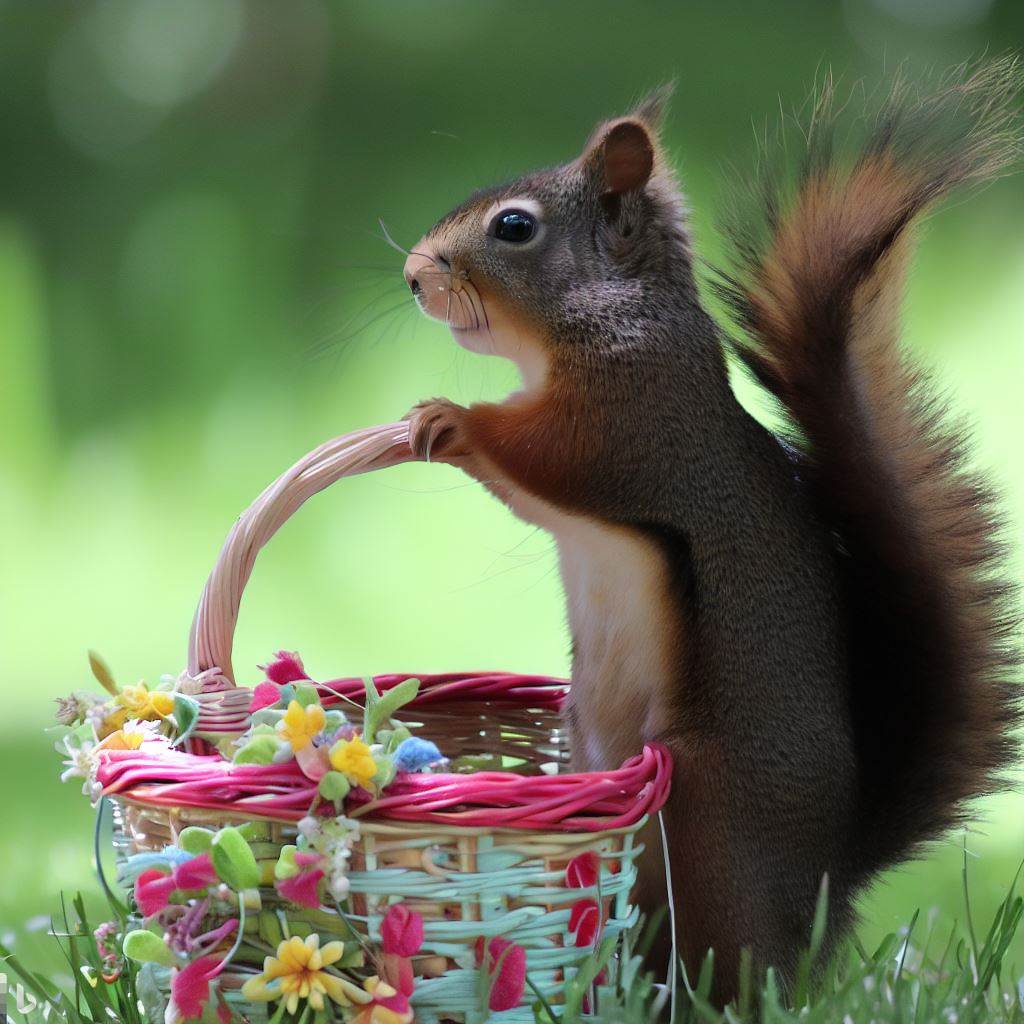 écureuil tenant un panier de fleurs