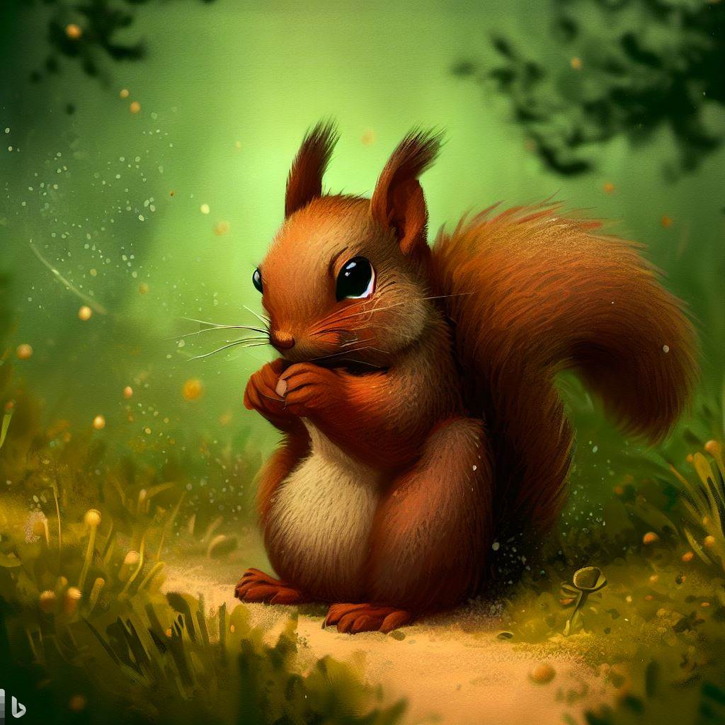 Illustration un écureuil sur fond vert au milieu d'un chemin, mange une noisette