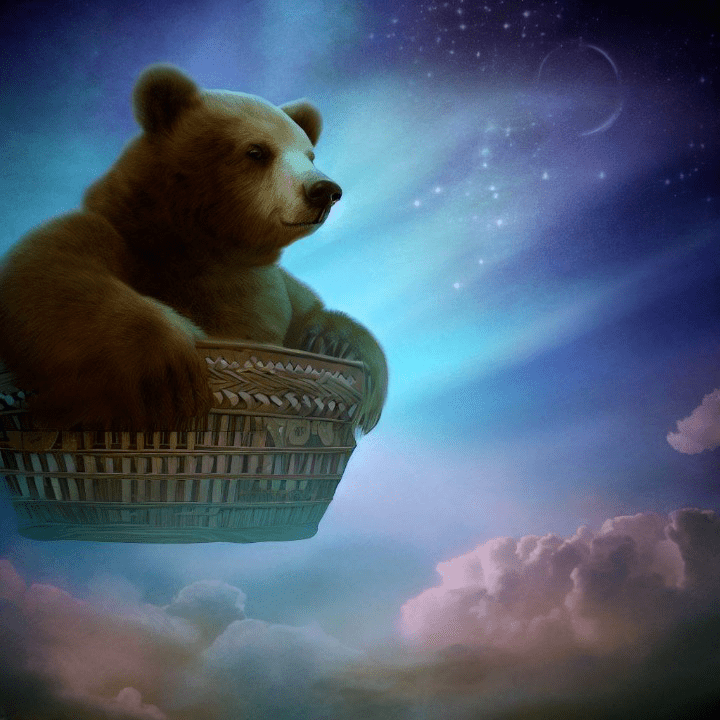 dans un ciel boréal un ours dans un panier