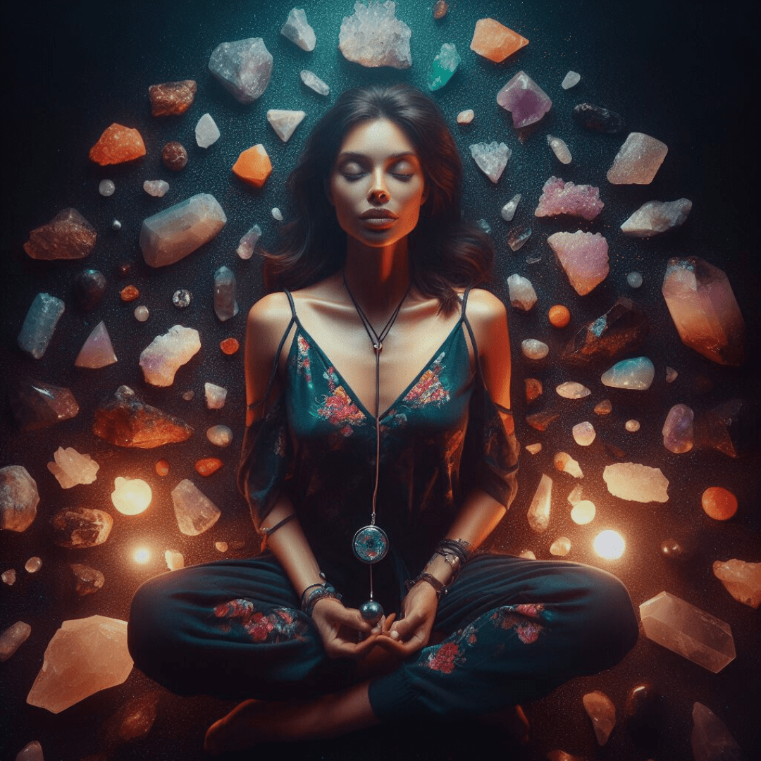 une femme en méditation entouré de cristaux - failles énergétiques