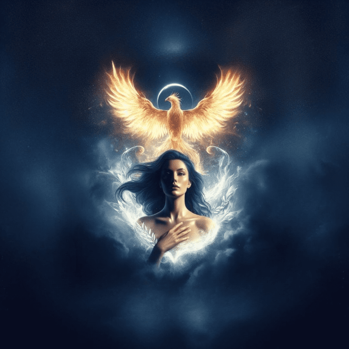 Phoenix tel un esprit derrière une femme sur fond bleu - Les Révélations de l’âme - Comprendre et Guérir notre essence profonde