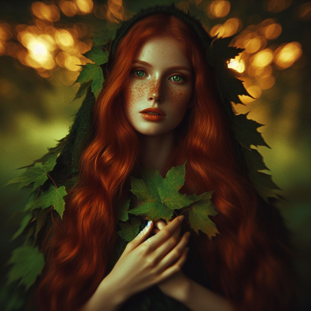 une femme rousse en habit de feuille, posture d'une sainte - Imbolc - La croix de Brighid