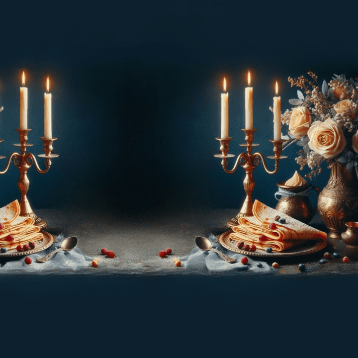 Une table avec chandelier et crêpe pour la Chandeleur