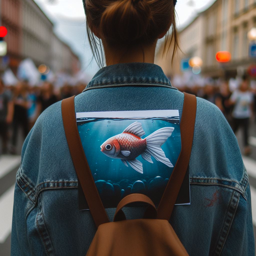 Une femme dans la rue, avec un poisson accroché sur le dos. -Poisson d'avril : Origine, tradition et symbolique