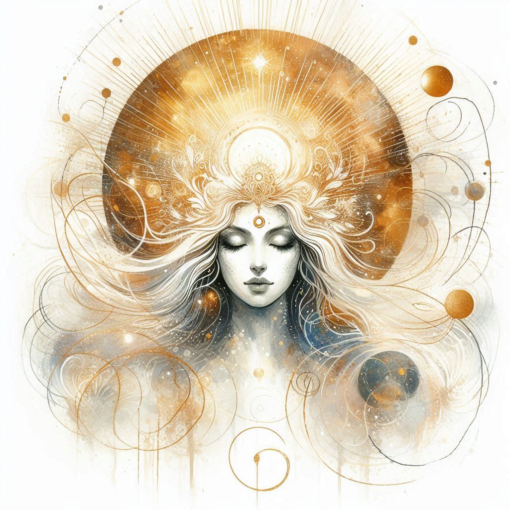 Féminin sacré Révélation et Renaissance - Une image style aquarelle d'une femme, trait or